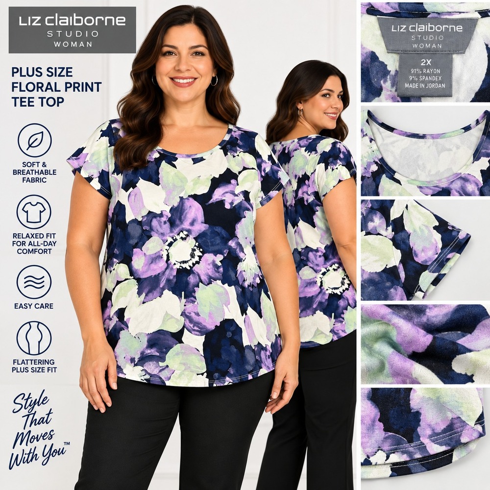 Liz Claiborne Studio Women's 2X Floral Print Short Sleeve Blouse V-Neck Shirt